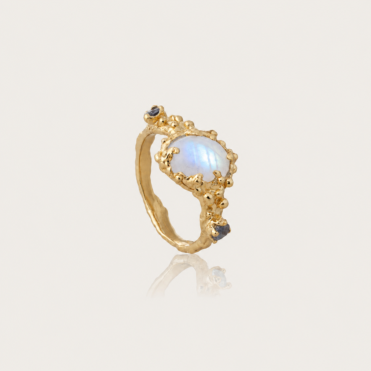 Sacred Siren Ring with Rainbow Moonstone and Iolite